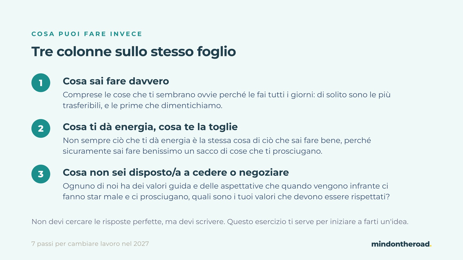 Slide della masterclass: le tre colonne sullo stesso foglio del passo 2